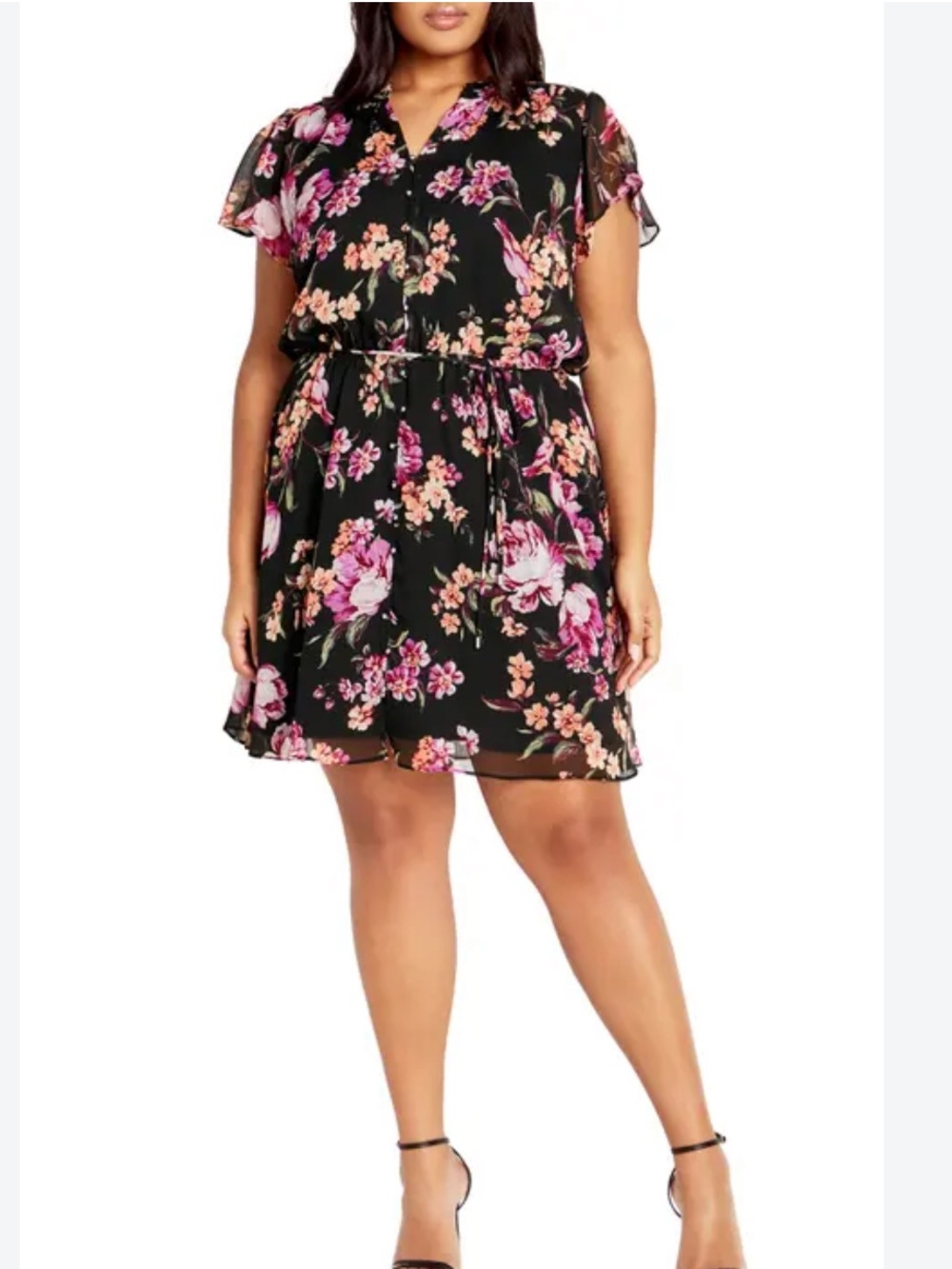 City Chic Black Floral Mini Margo Print Dress with Pink Blooms size 20/L-NWT